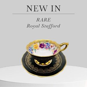 Royal Stafford Matte Black and Gold Pansy Cup and Saucer - RARE